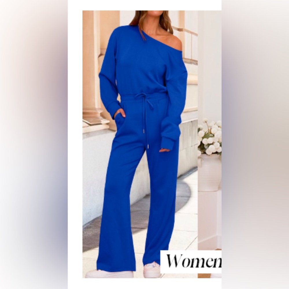 Blue off the shoulder jumpsuit